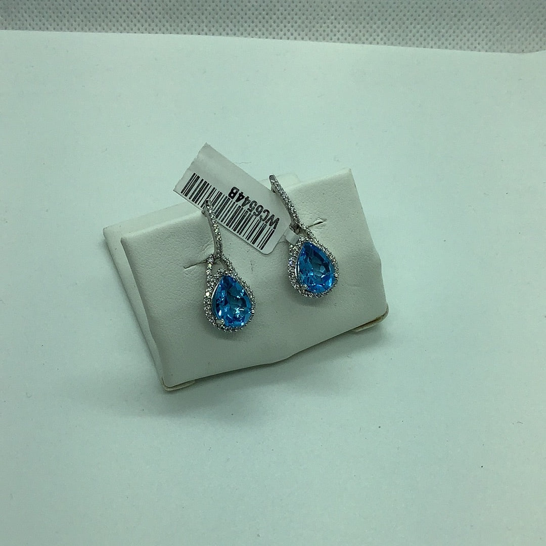 Blue topaz diamond halo drop earrings