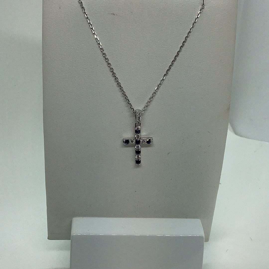 10 kt white gold diamond and sapphire cross necklace