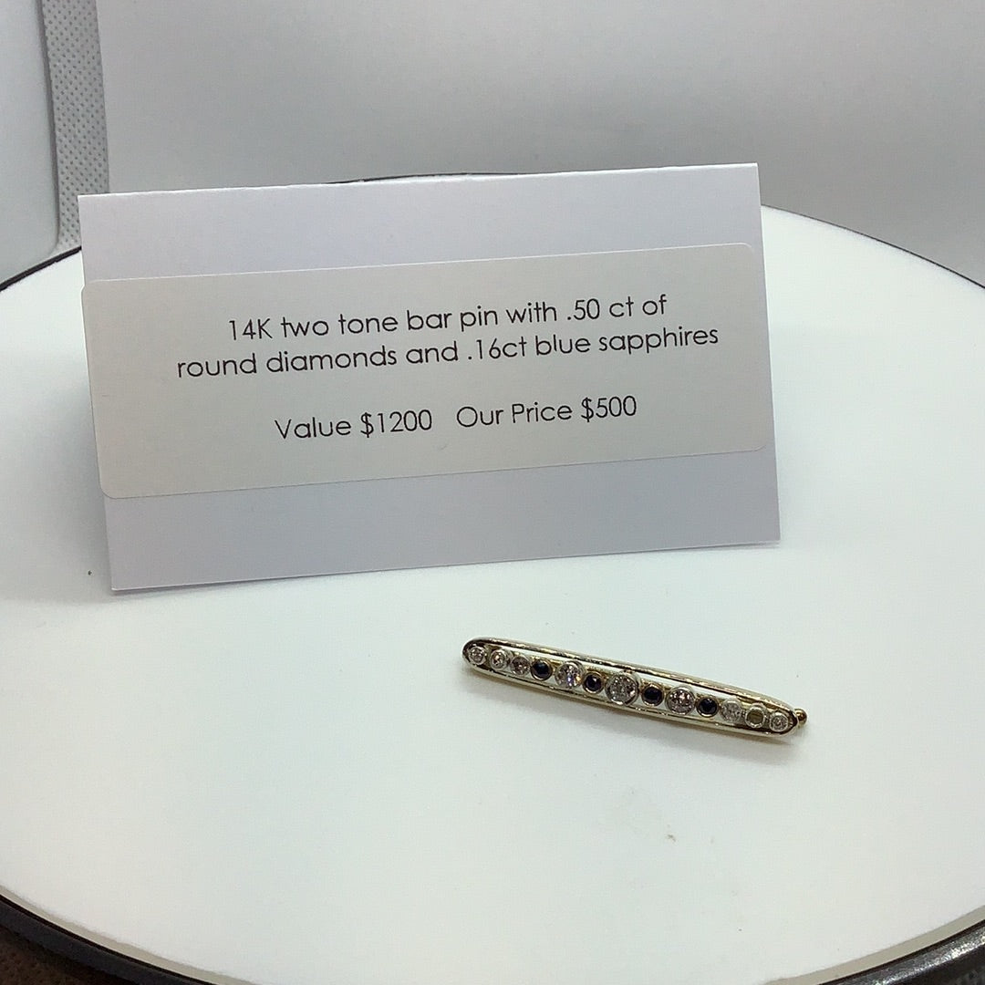 Diamond and sapphire bar pin