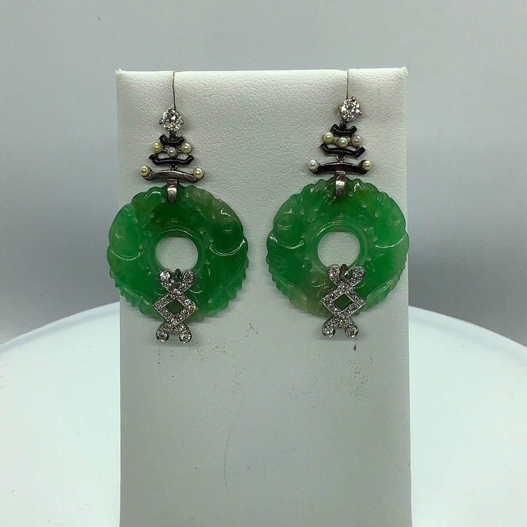 Jadeite pearl and diamond earrings