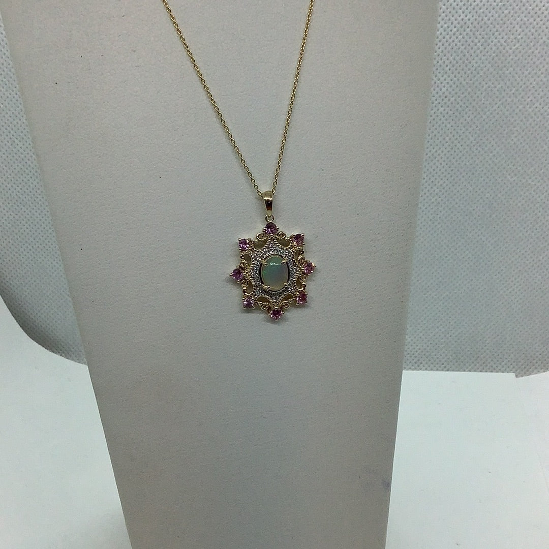 Opal and pink sapphire pendant with diamond accents