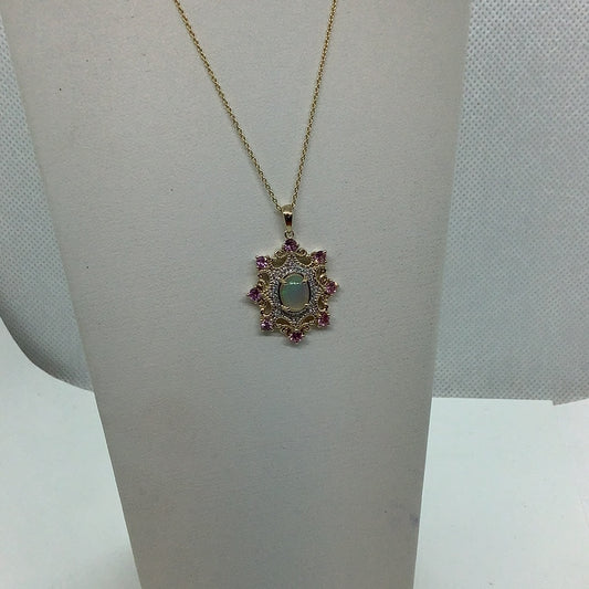 Opal and pink sapphire pendant with diamond accents