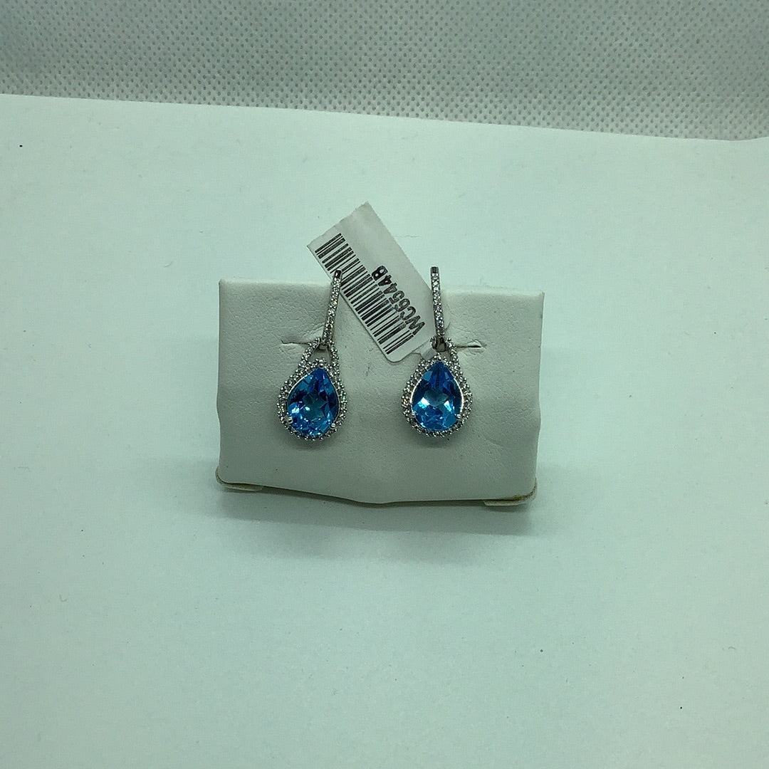 Blue topaz diamond halo drop earrings