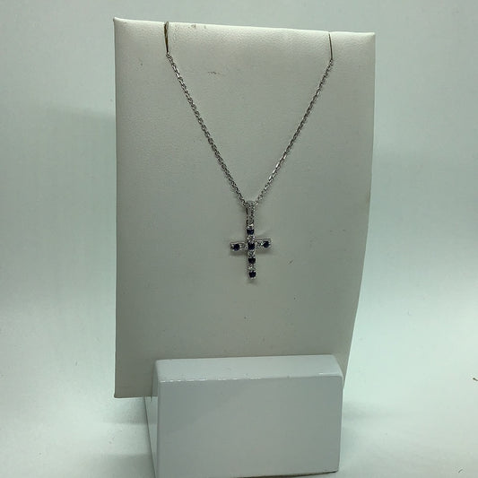 10 kt white gold diamond and sapphire cross necklace
