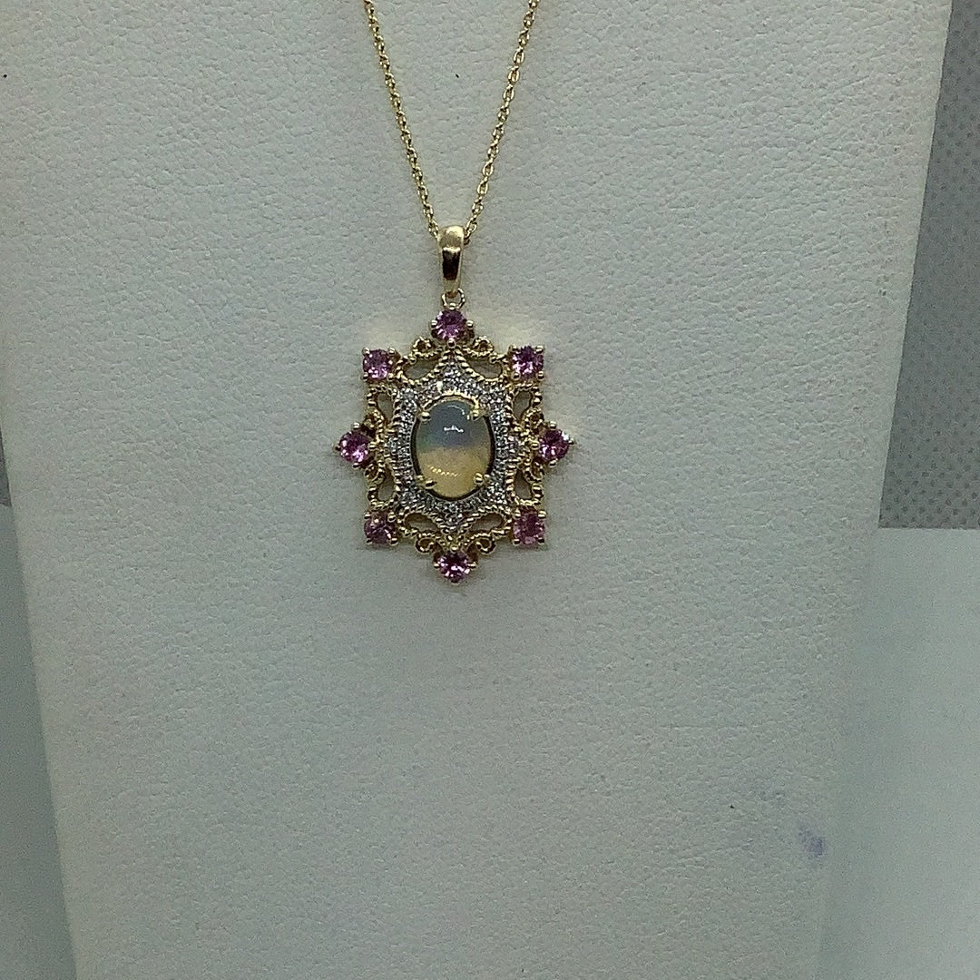 Opal and pink sapphire pendant with diamond accents