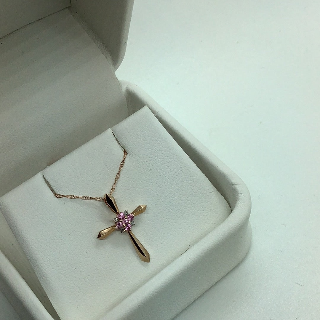 10 kt rose gold pink sapphire sapphire cross necklace