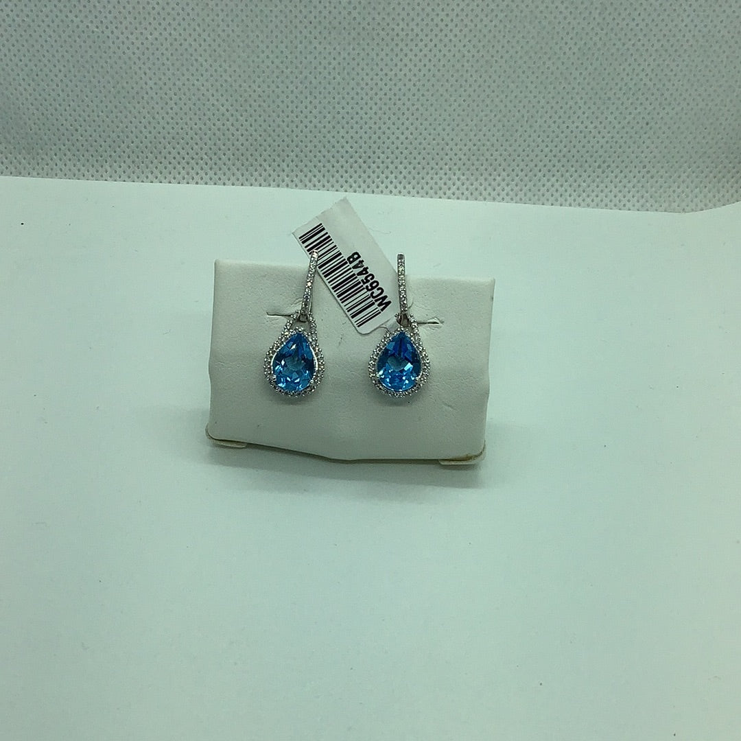 Blue topaz diamond halo drop earrings