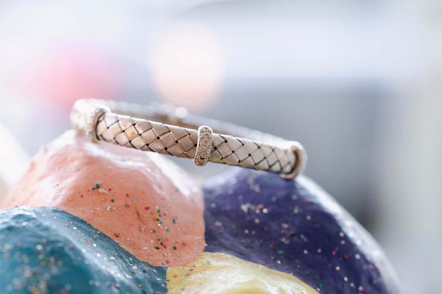 White gold and diamond woven mesh bracelet