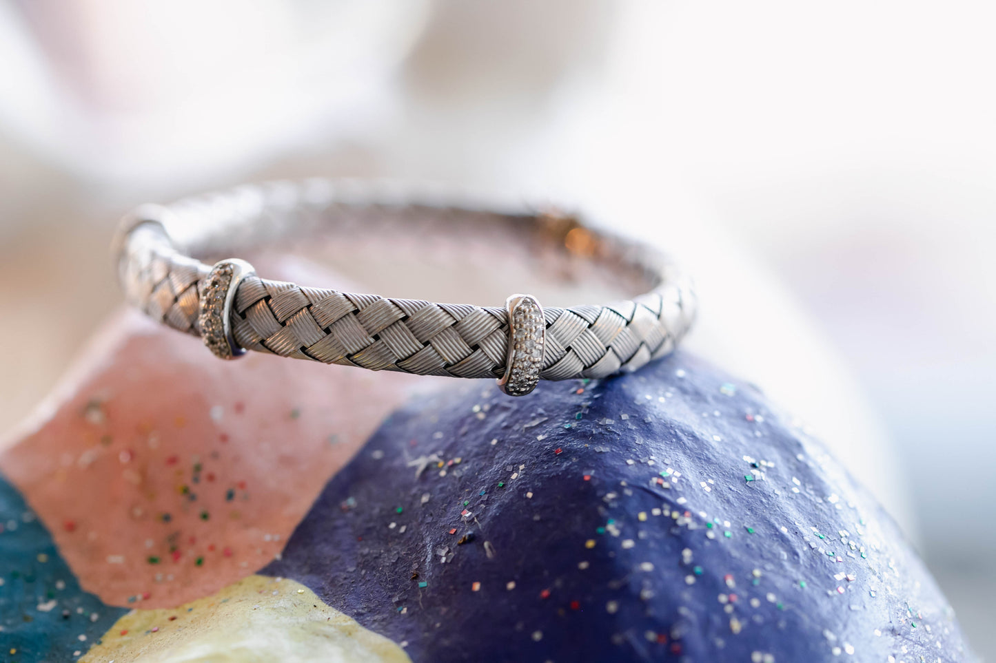 White gold and diamond woven mesh bracelet