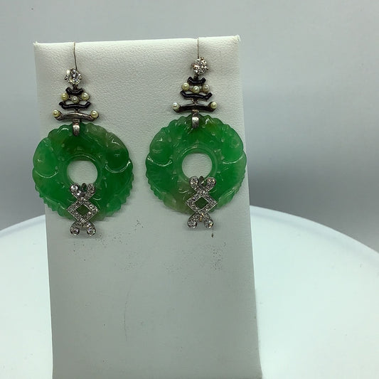 Jadeite pearl and diamond earrings